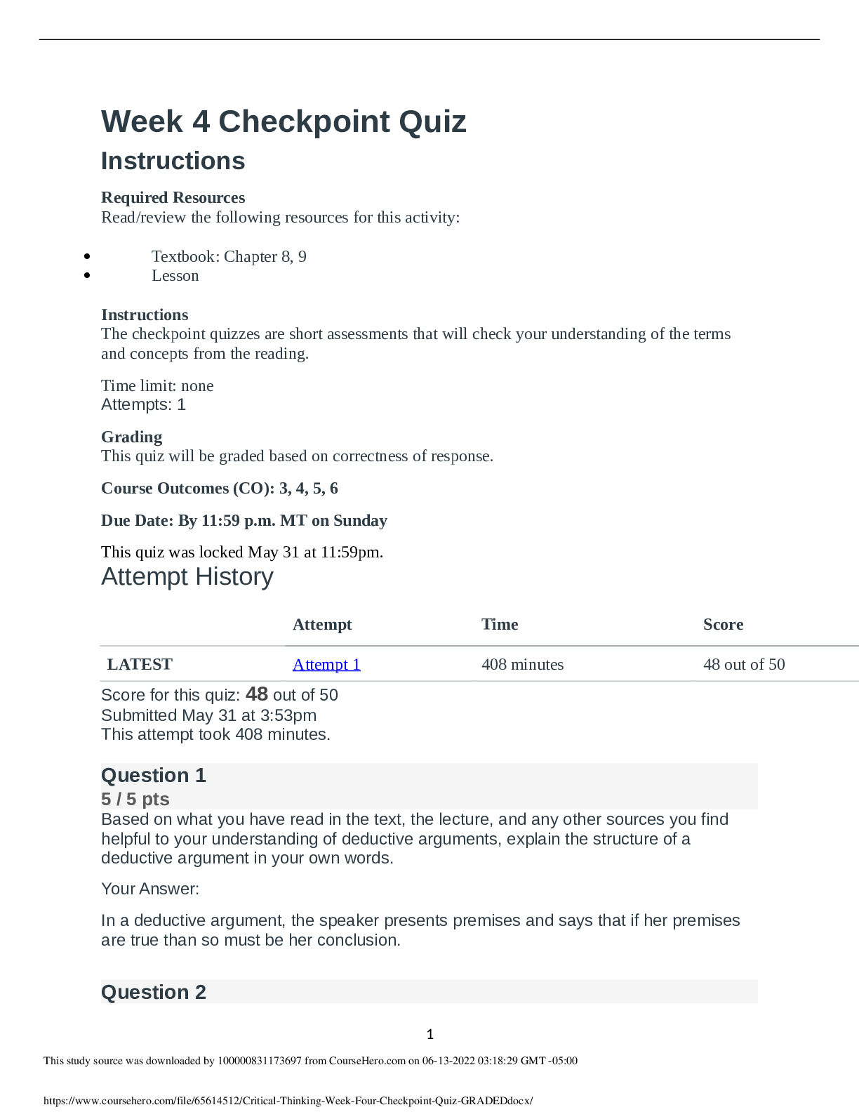 NR 347Critical Thinking Week Four Checkpoint Quiz_GRADED.