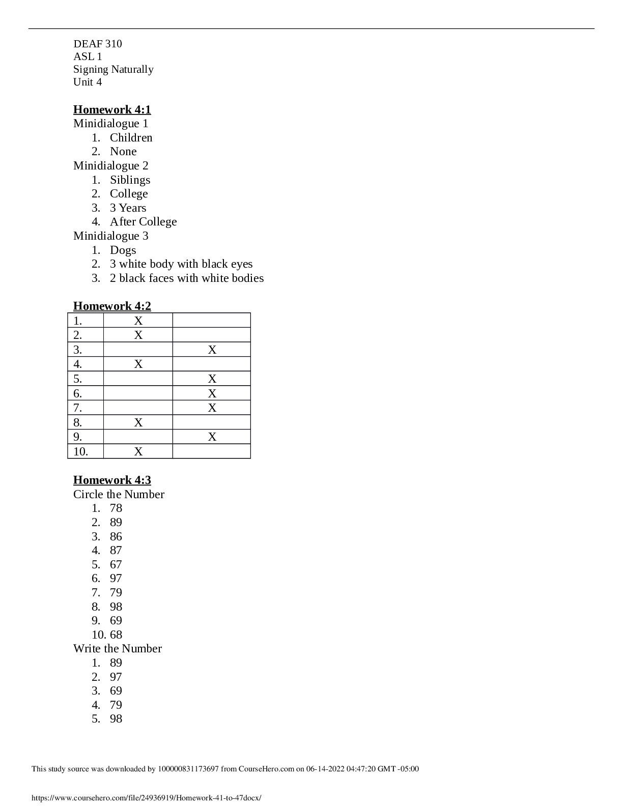 DEAF 310 ASL 1 Signing Naturally Unit 4 Homework