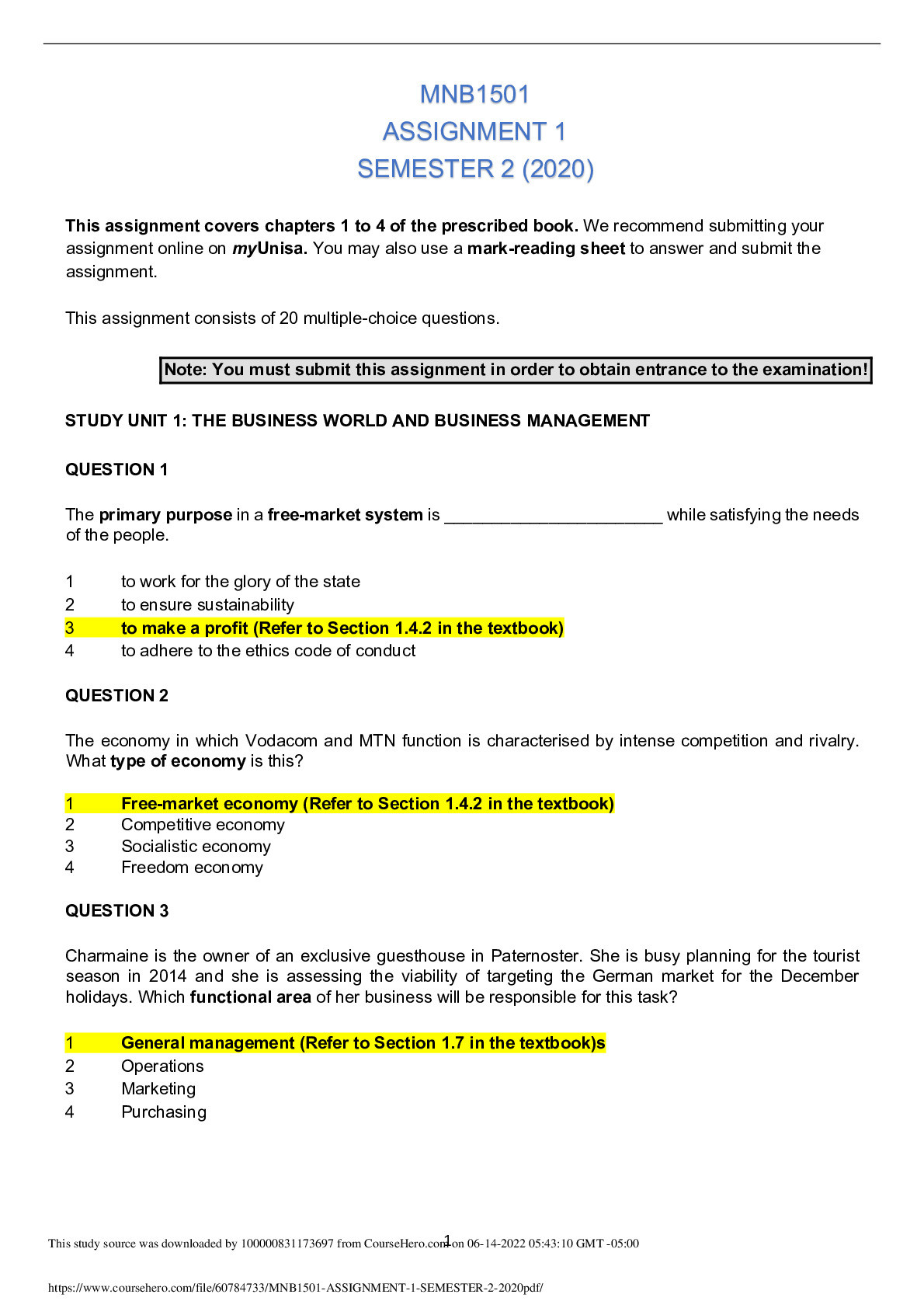 MNB1501 ASSIGNMENT 1 SEMESTER 2 (2020)