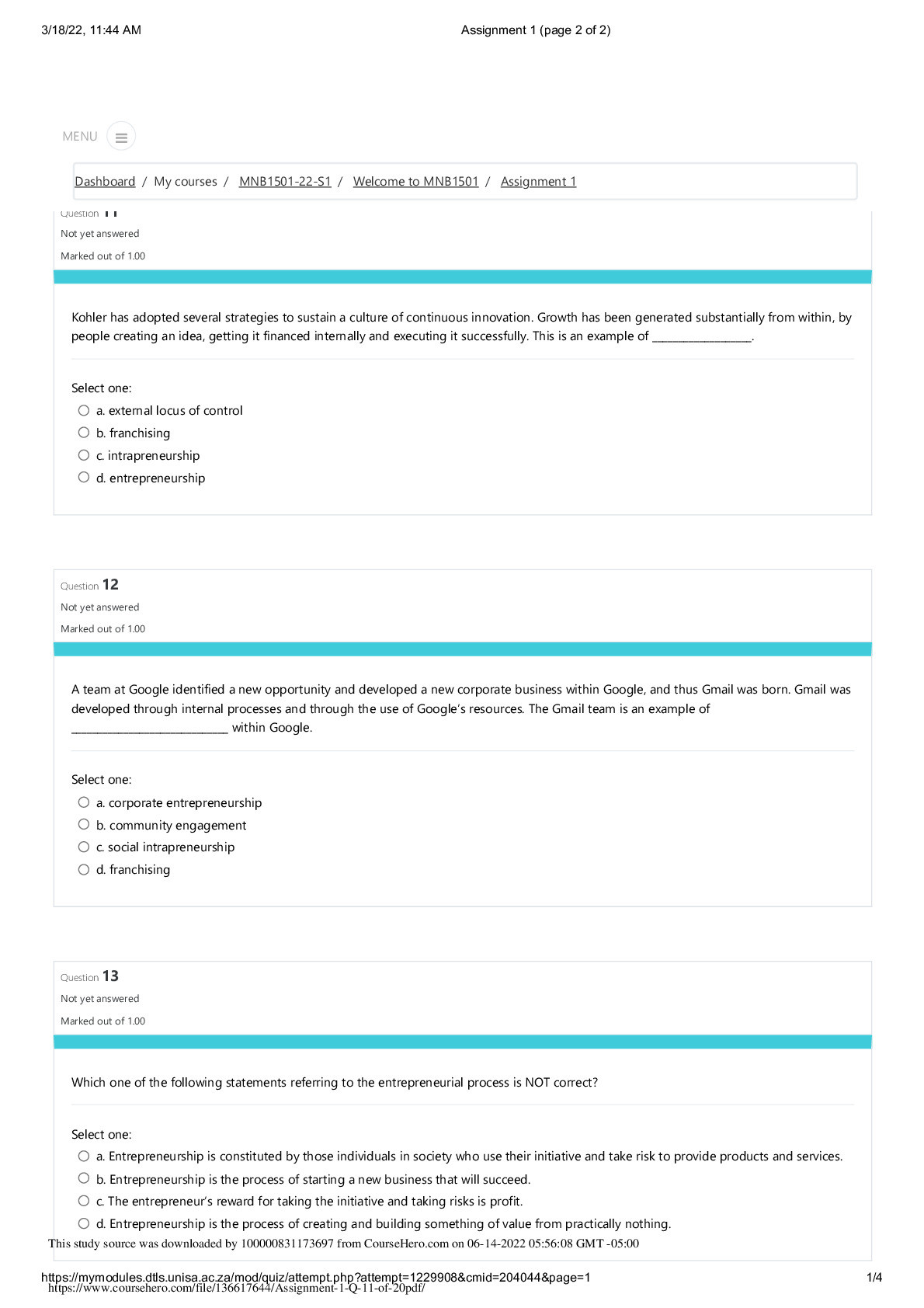 BUSINESS MNB 1501Assignment 1 (Q 11 of 20)