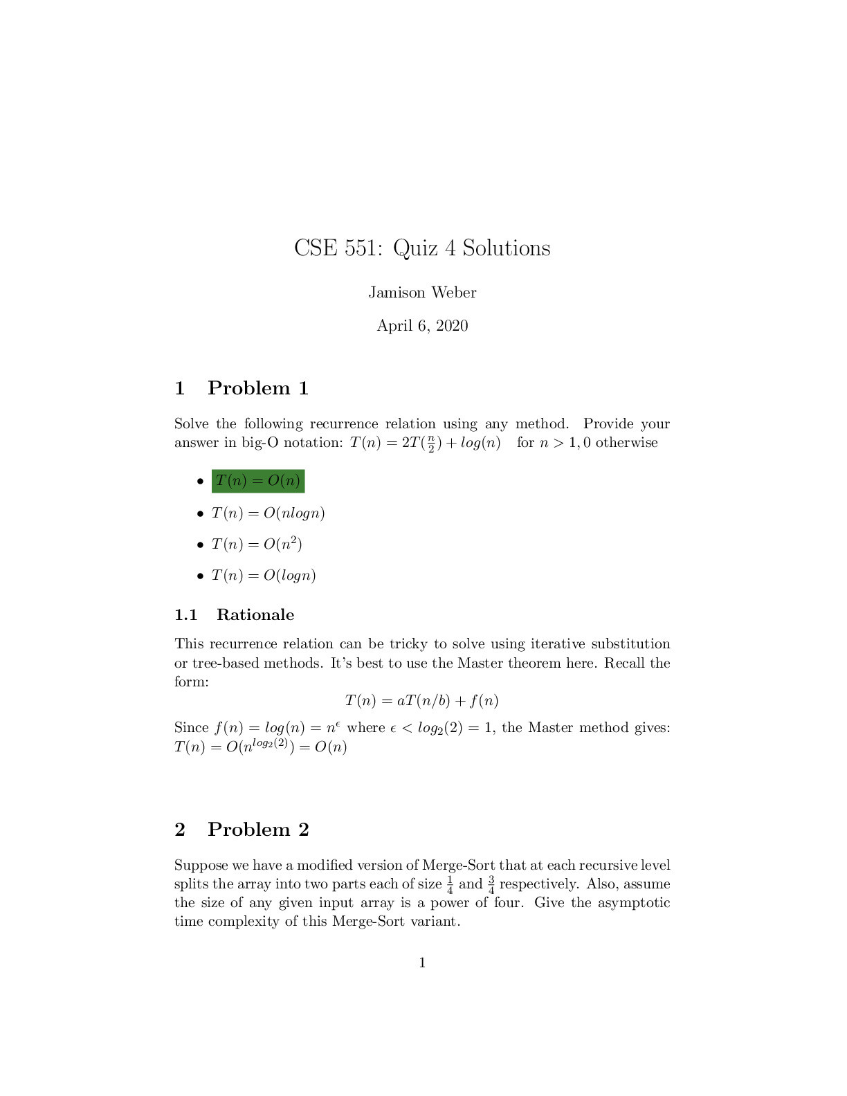 CSE 551: Quiz 4 Solutions : week 3 ,unit 4.