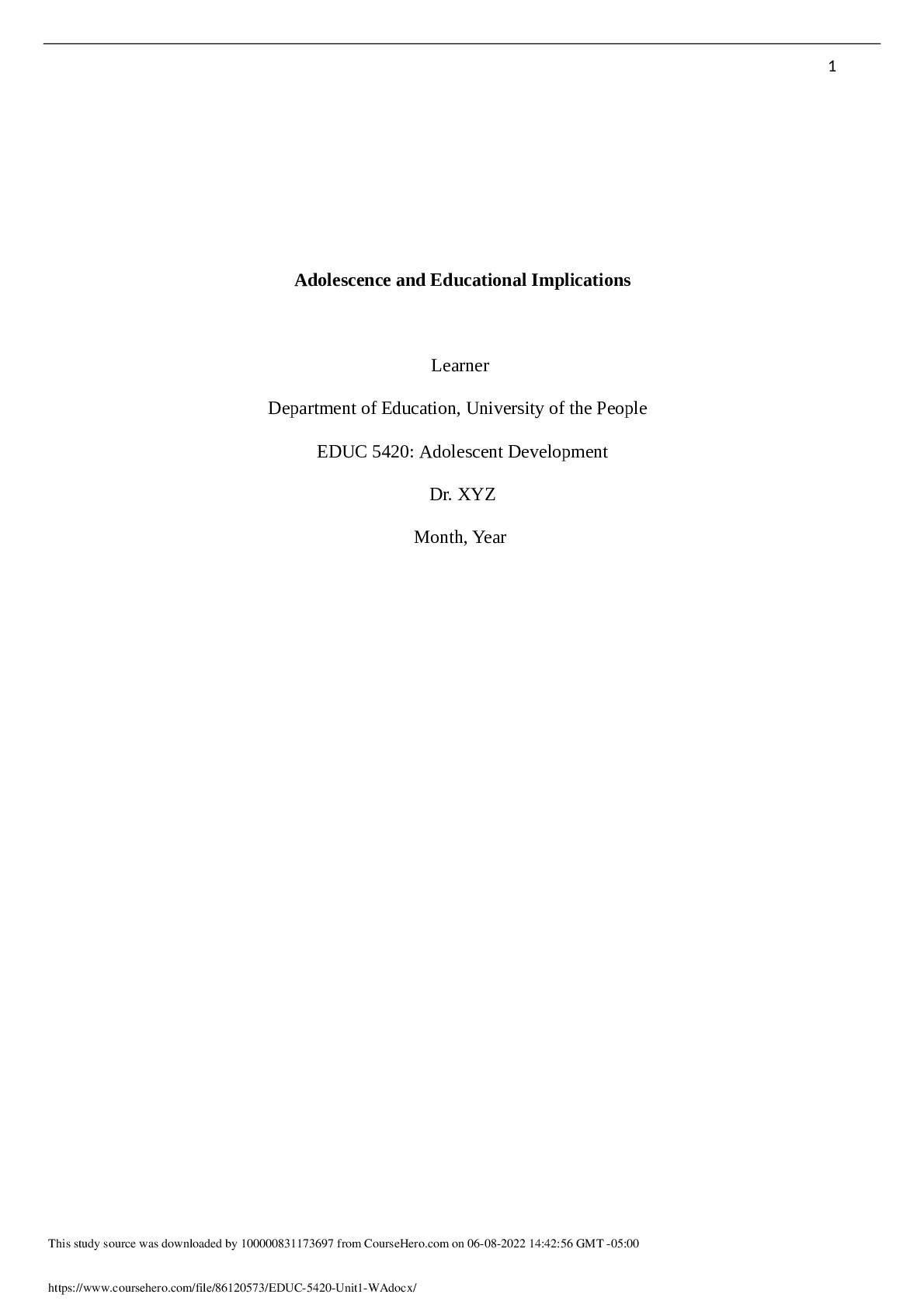 EDUC 5420: Adolescence and Educational Implications