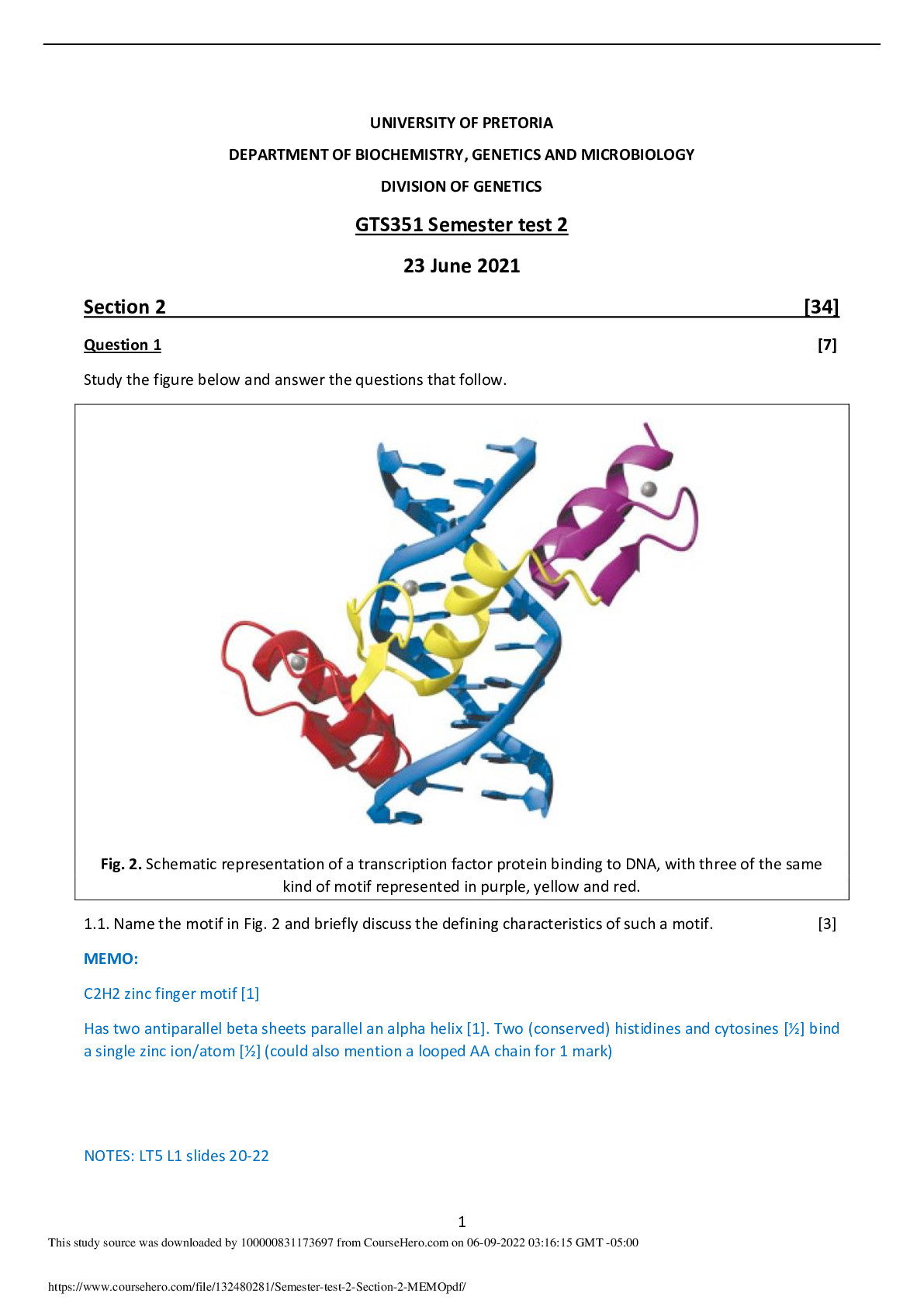 GTS351 Semester test 2 : DEPARTMENT OF BIOCHEMISTRY, GENETICS AND MICROBIOLOGY DIVISION OF GENETICS