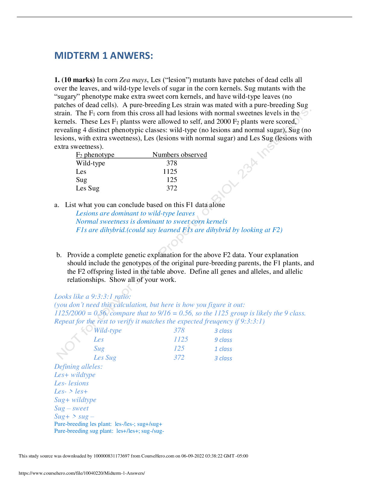 Midterm 1 Answers :University of British Columbia - BIOL 234