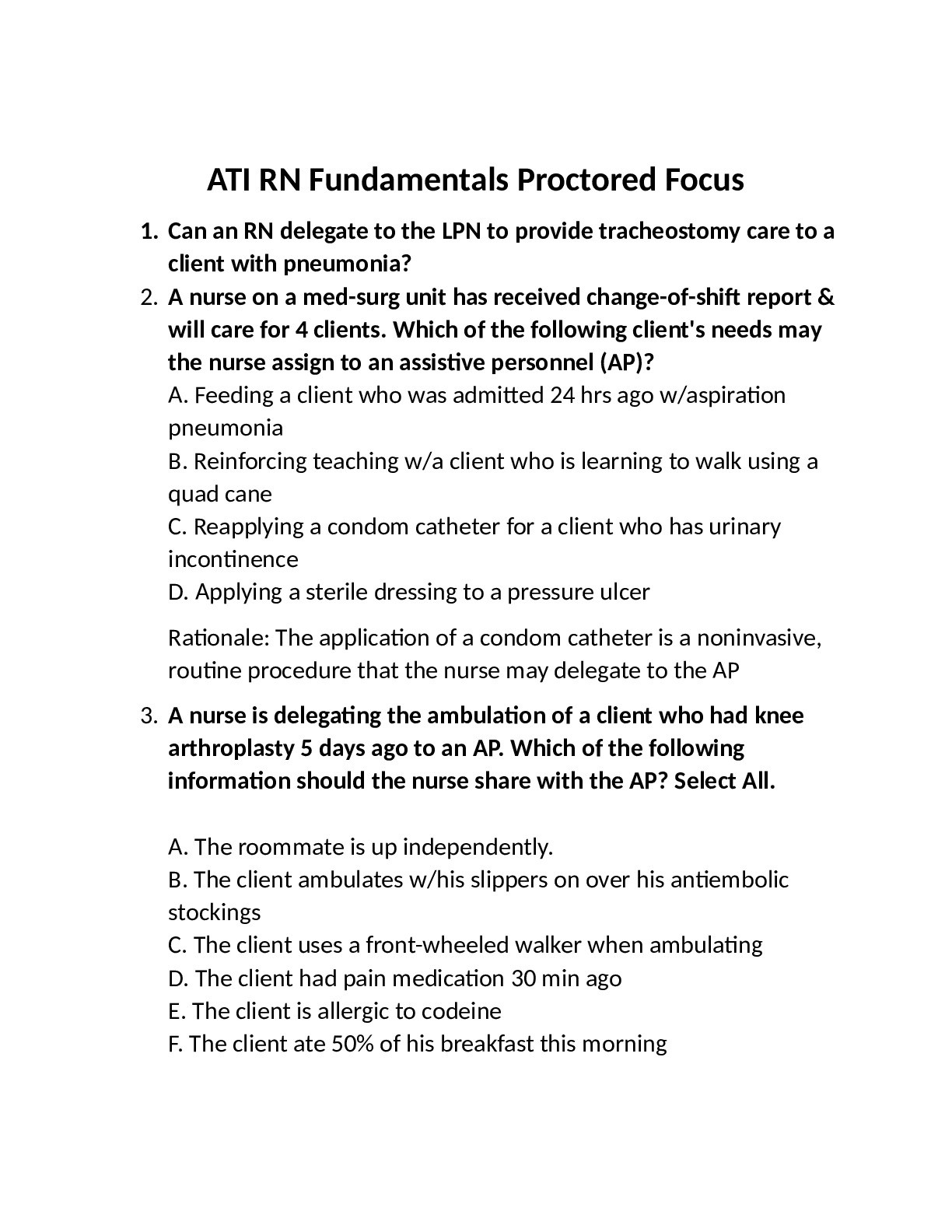 Nr 324 Exam review ATI RN Fundamentals Proctored Focus