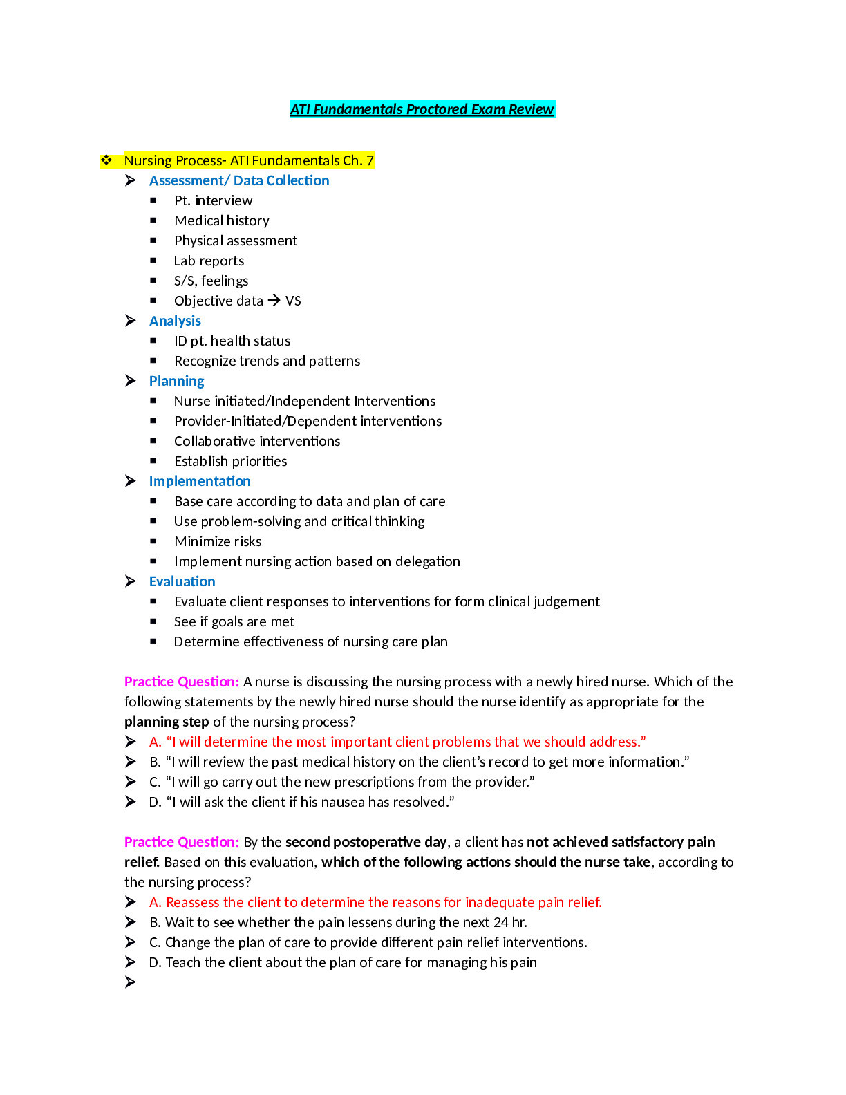 ATI Fundamentals -  Ch. 7 ...   : ATI Fundamentals Proctored Exam Review