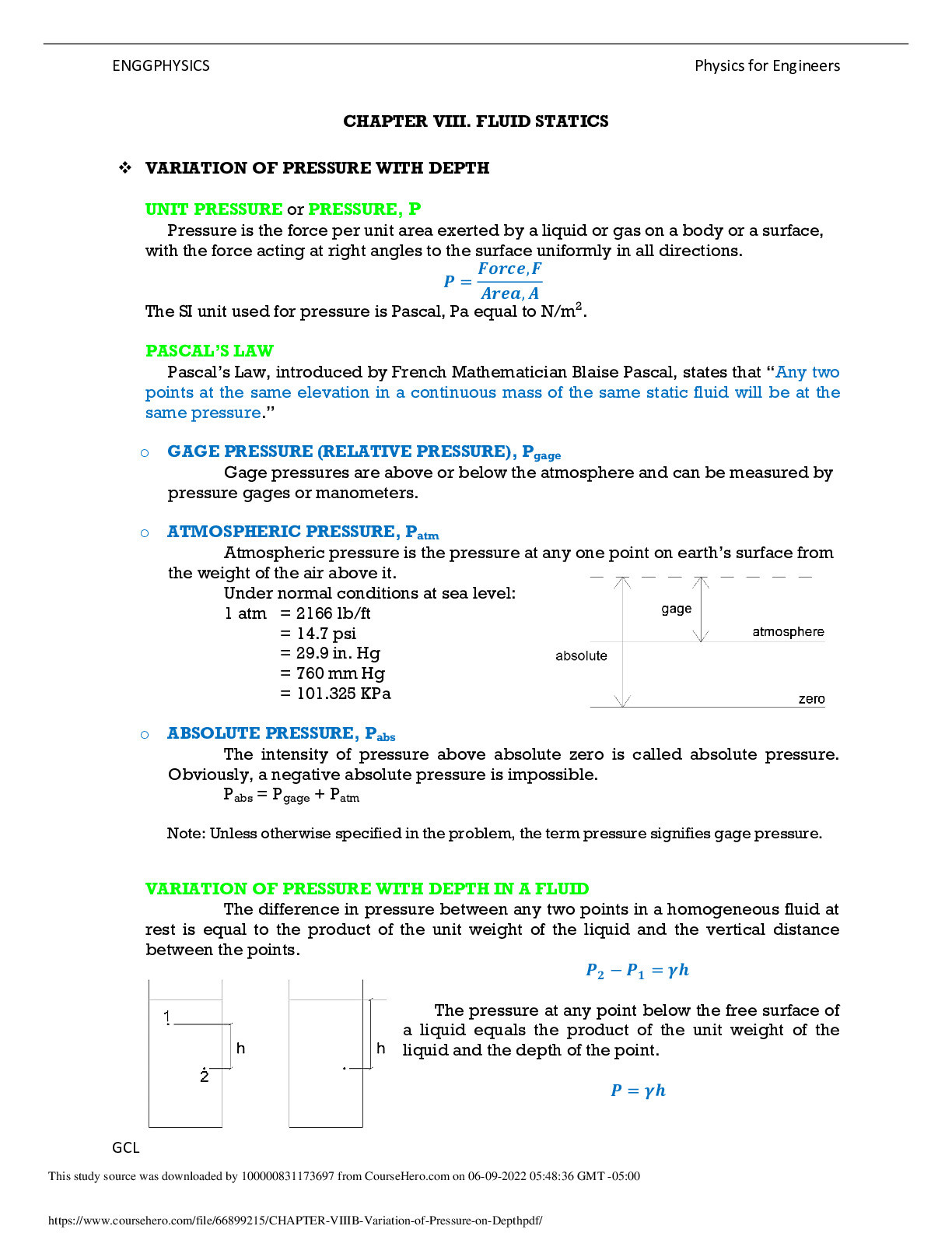 ENGGPHYSICS  CHAPTER VIII. FLUID STATICS