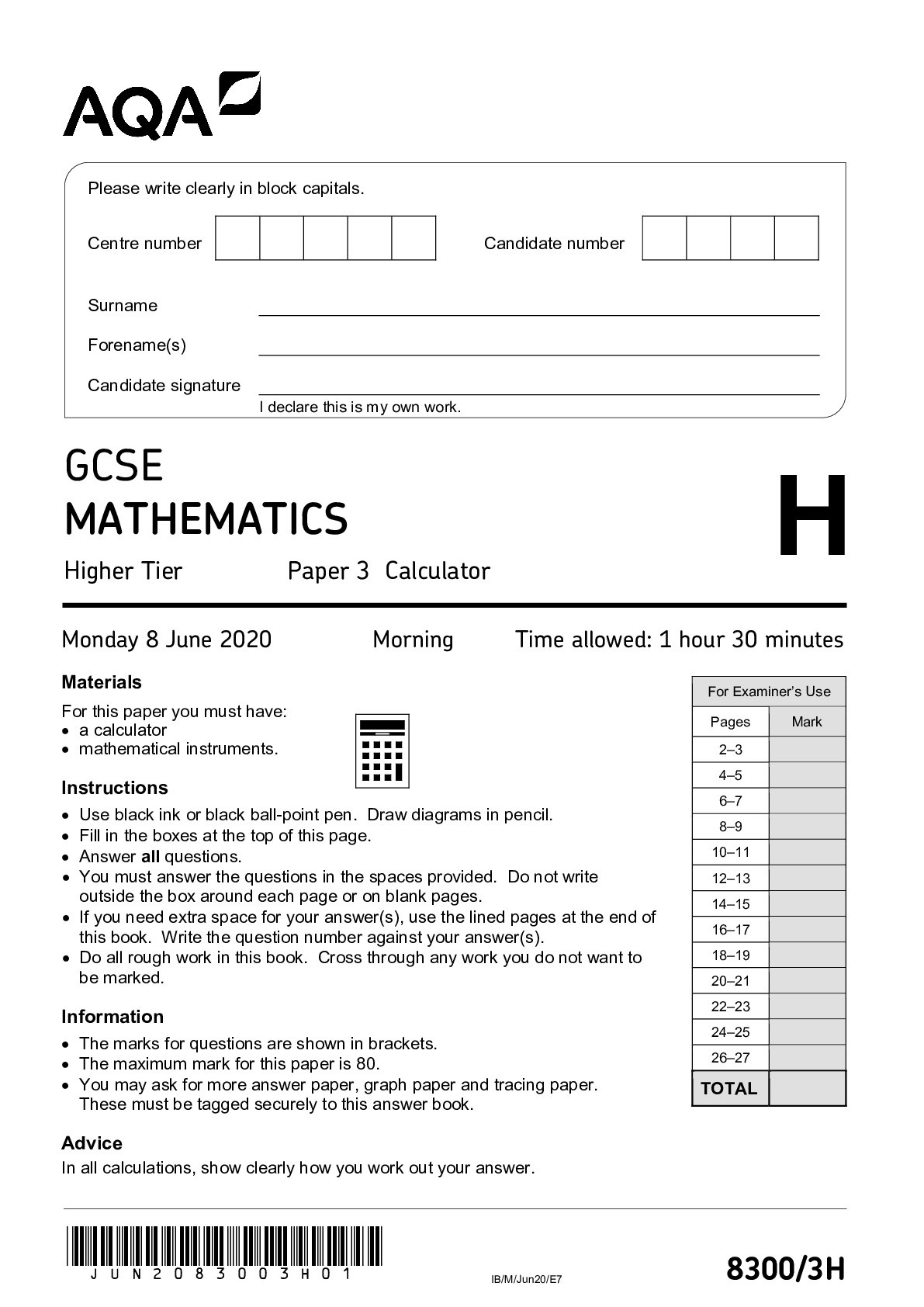 GCSE MATHEMATICS Higher Tier Paper 3