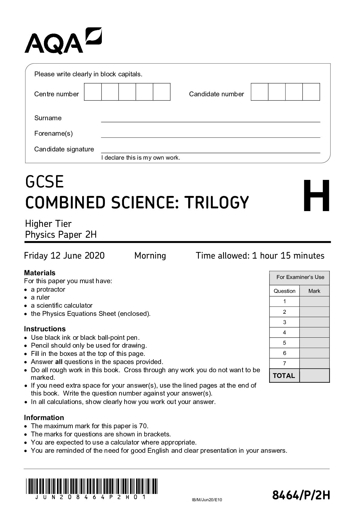 GCSE COMBINED SCIENCE: TRILOGY Higher Tier Physics Paper 2H