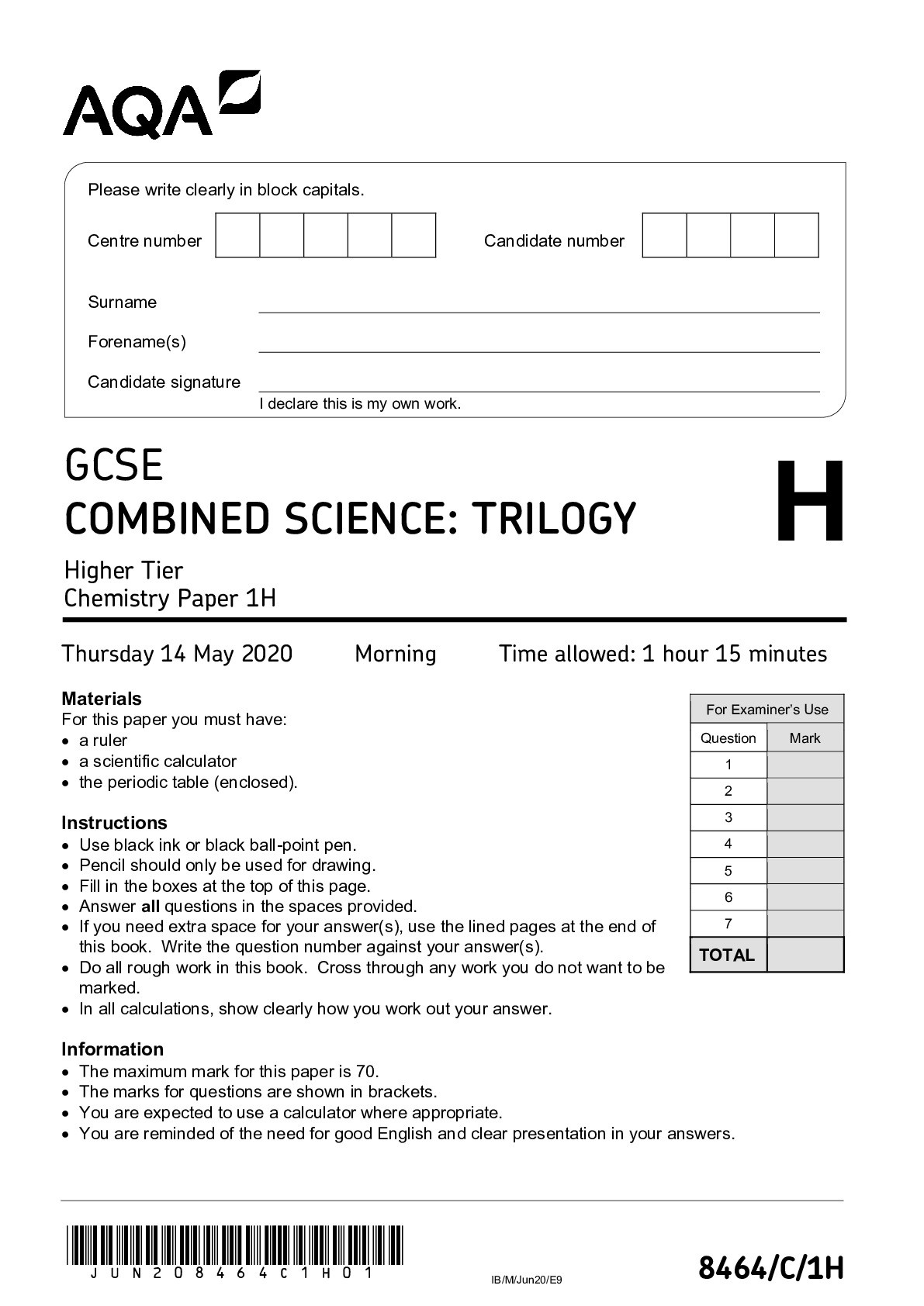 GCSE COMBINED SCIENCE: TRILOGY Higher Tier Chemistry Paper 1H