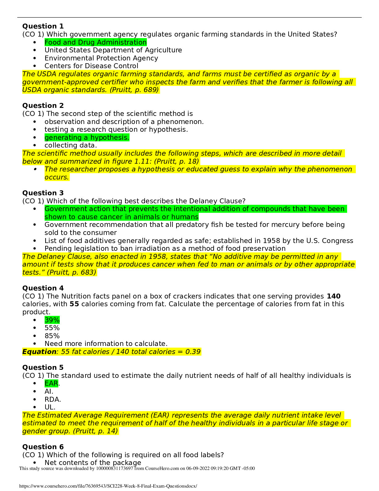 SCI 228SCI228 Week 8 Final Exam Questions