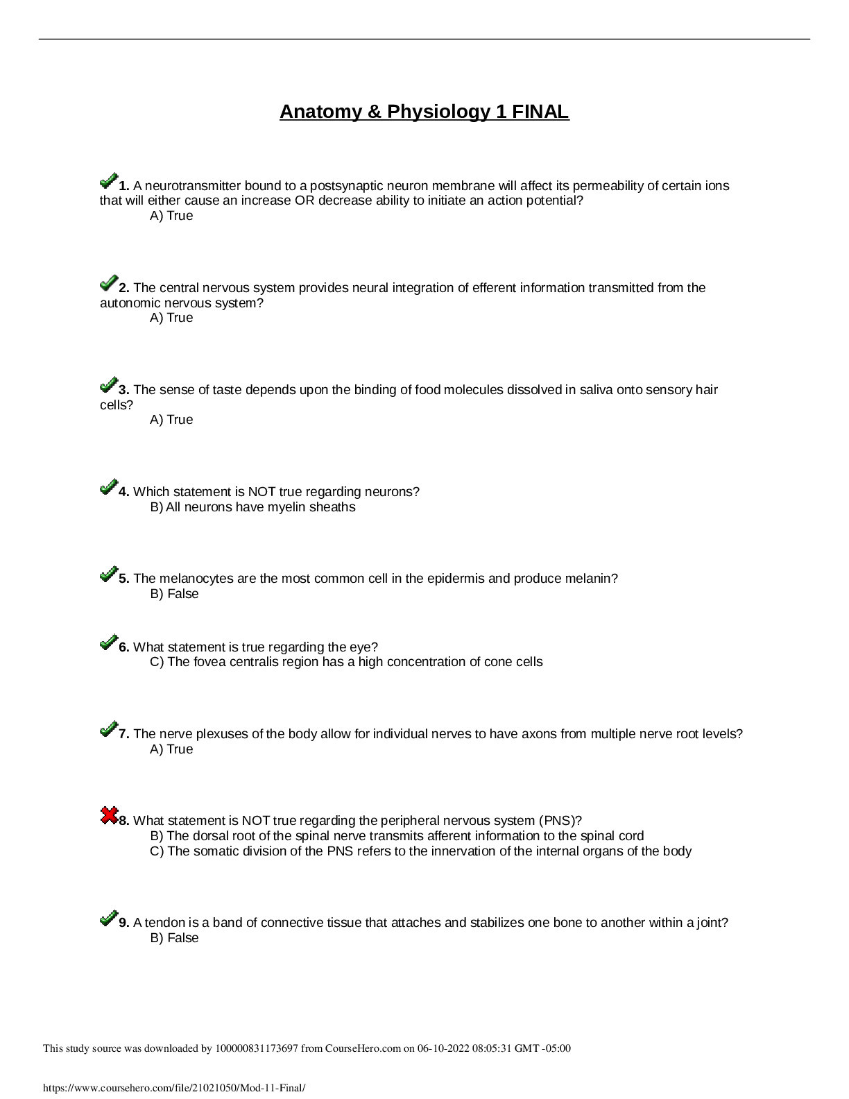 BSC 2346Mod 11 Final : Anatomy & Physiology 1 FINAL