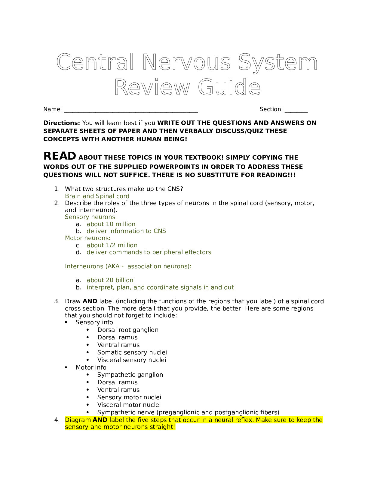 BIO 201 - Central Nervous System Review Guide (1)