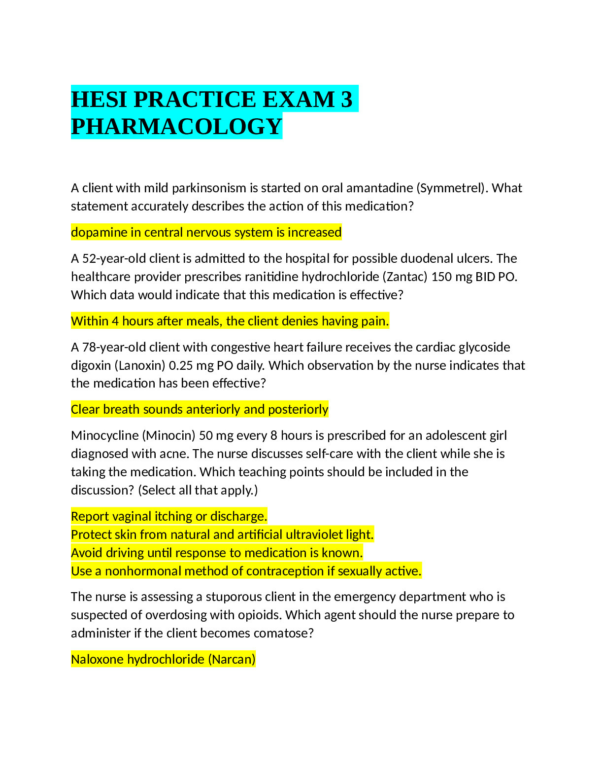 HESI PRACTICE EXAM 3 PHARMACOLOGY