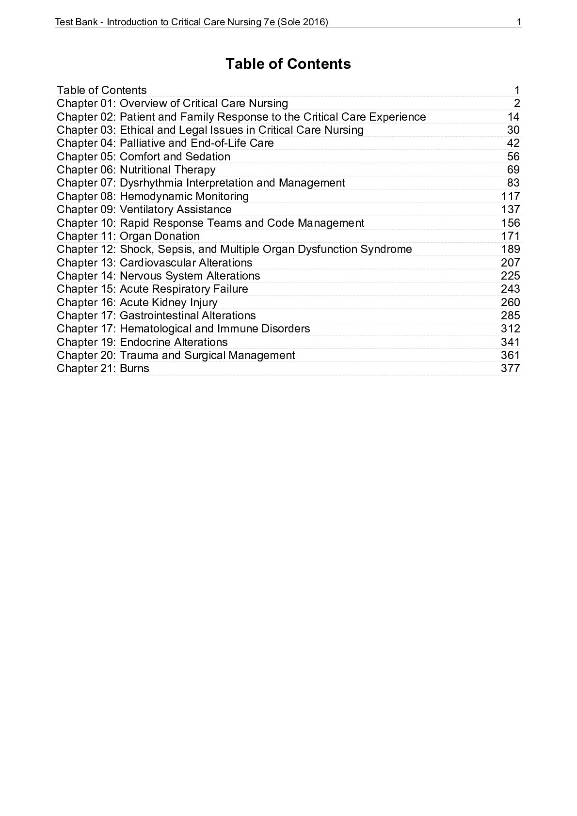 Test Bank - Introduction to Critical Care Nursing 7e (Sole 2016)